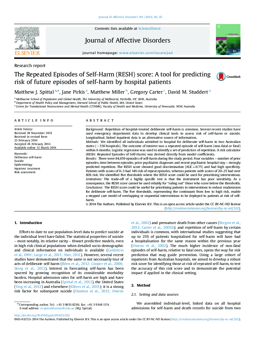 The Repeated Episodes of Self-Harm (RESH) score: A tool for predicting risk of future episodes of self-harm by hospital patients