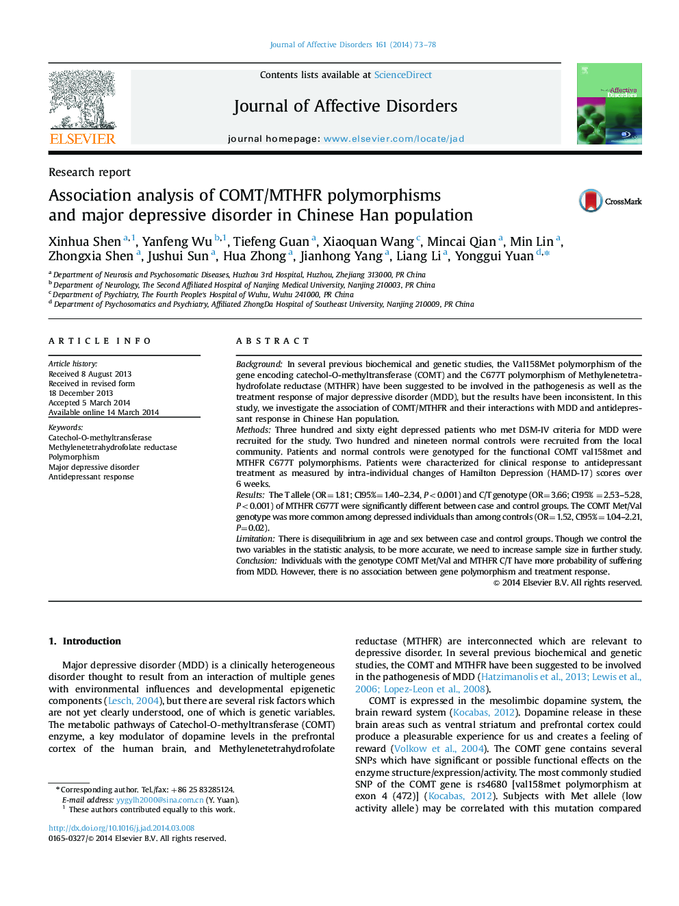 Association analysis of COMT/MTHFR polymorphisms and major depressive disorder in Chinese Han population