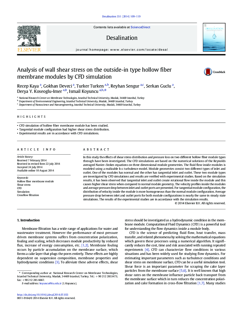 Analysis of wall shear stress on the outside-in type hollow fiber membrane modules by CFD simulation