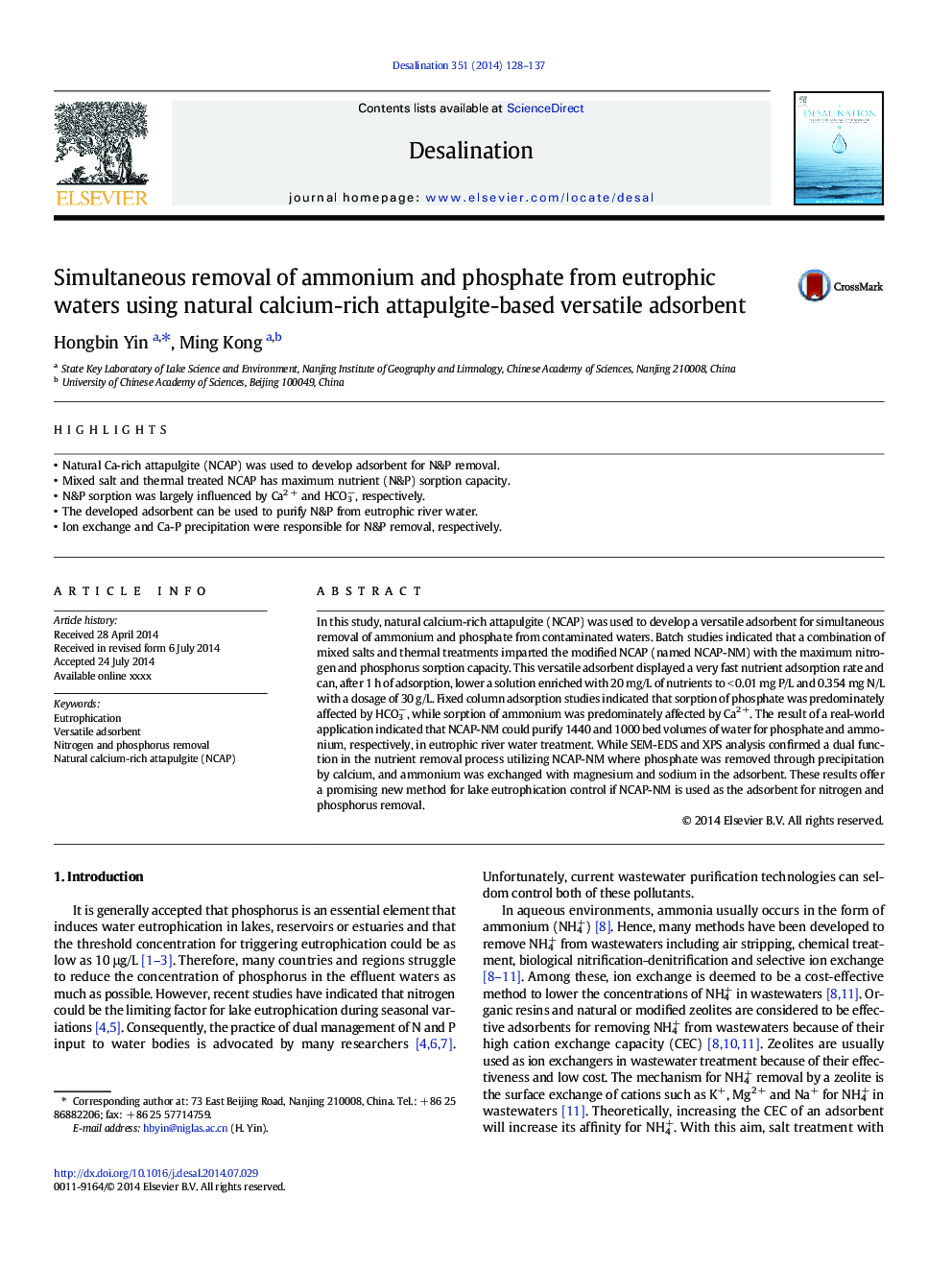 Simultaneous removal of ammonium and phosphate from eutrophic waters using natural calcium-rich attapulgite-based versatile adsorbent