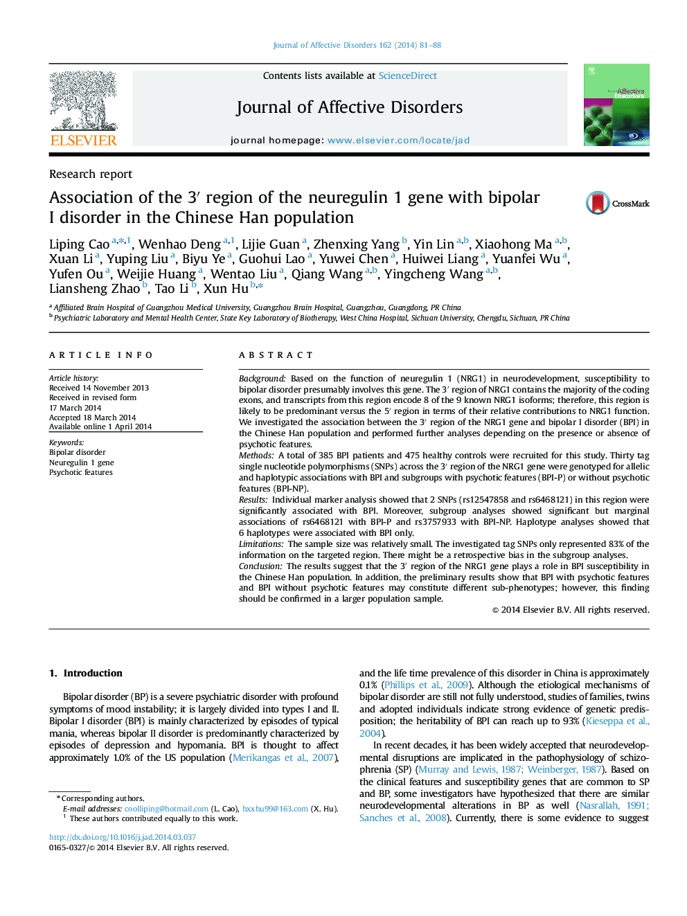 Association of the 3â² region of the neuregulin 1 gene with bipolar I disorder in the Chinese Han population