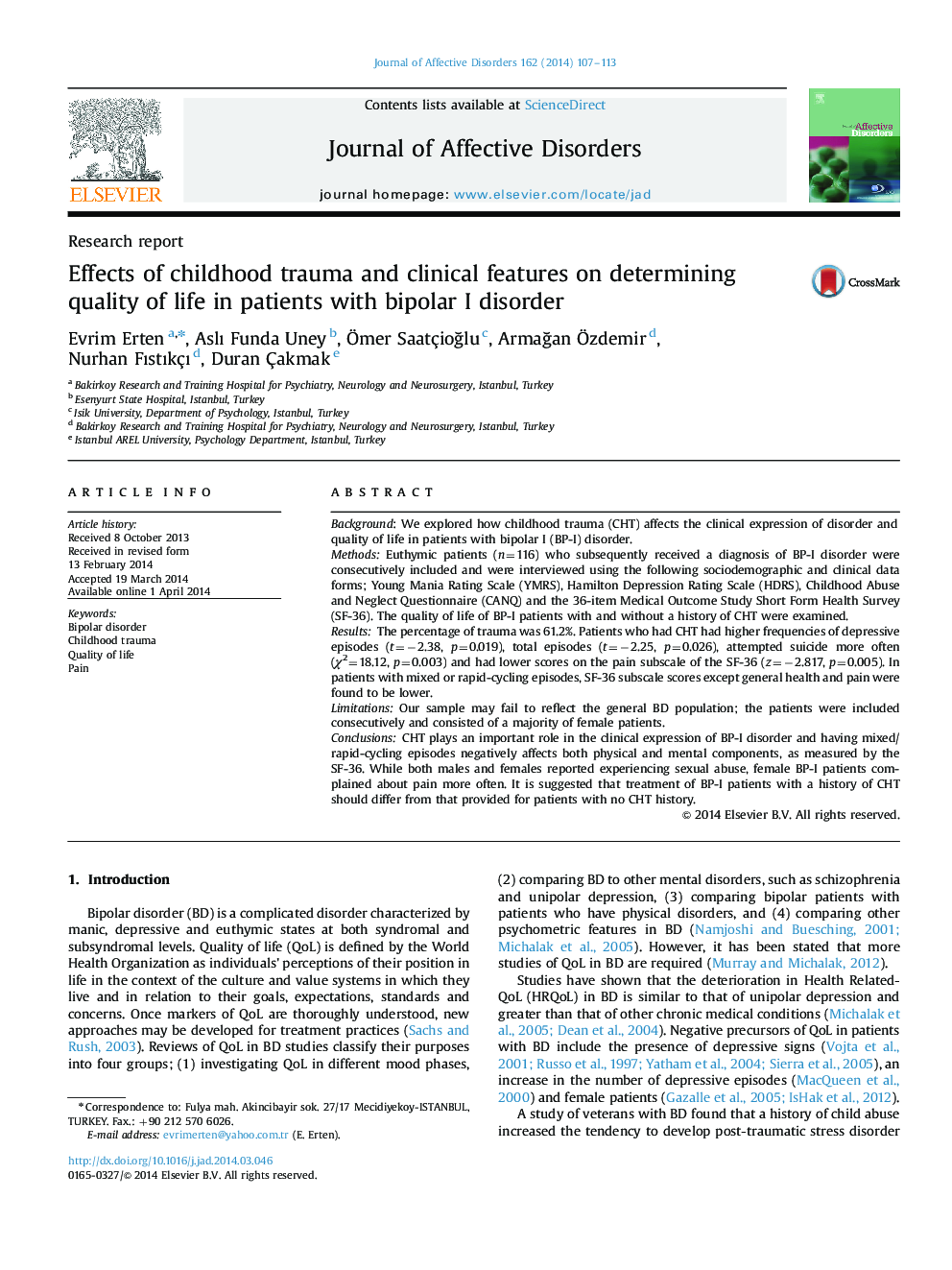 Effects of childhood trauma and clinical features on determining quality of life in patients with bipolar I disorder