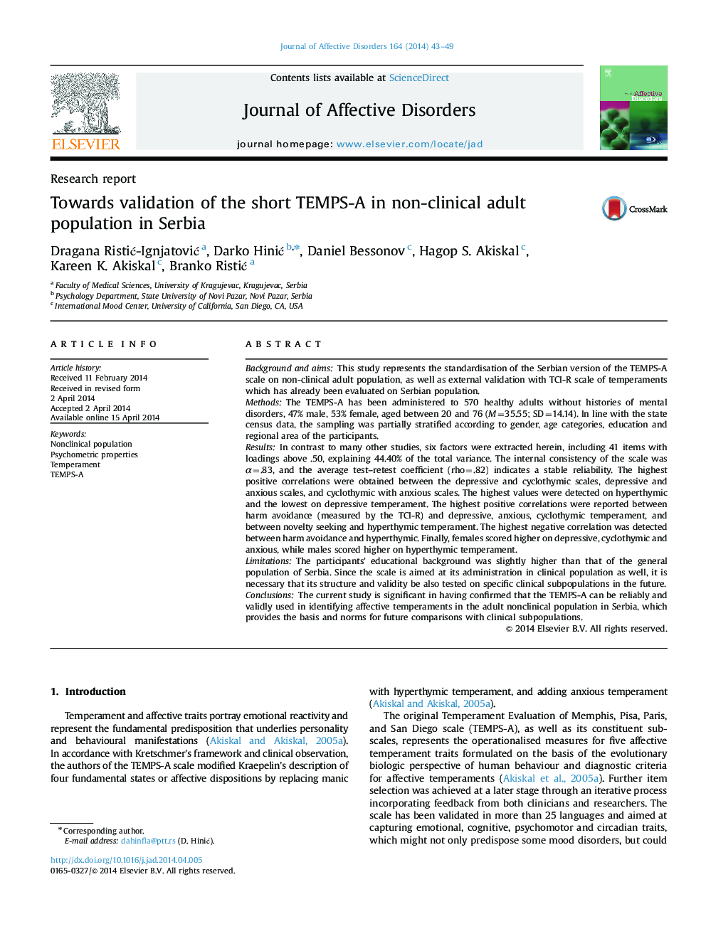 Towards validation of the short TEMPS-A in non-clinical adult population in Serbia