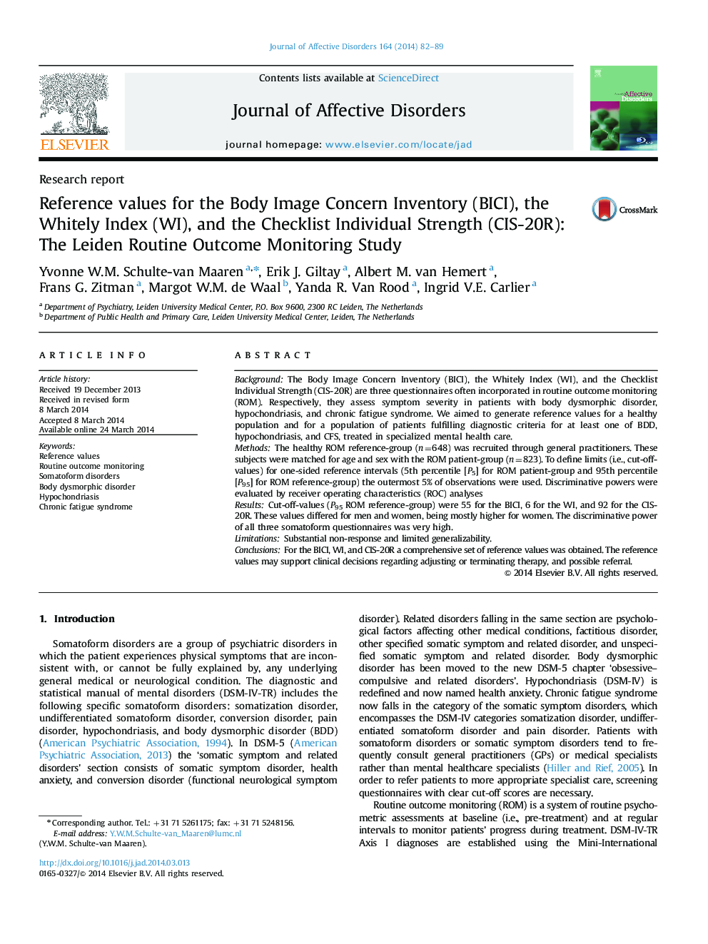 Reference values for the Body Image Concern Inventory (BICI), the Whitely Index (WI), and the Checklist Individual Strength (CIS-20R): The Leiden Routine Outcome Monitoring Study