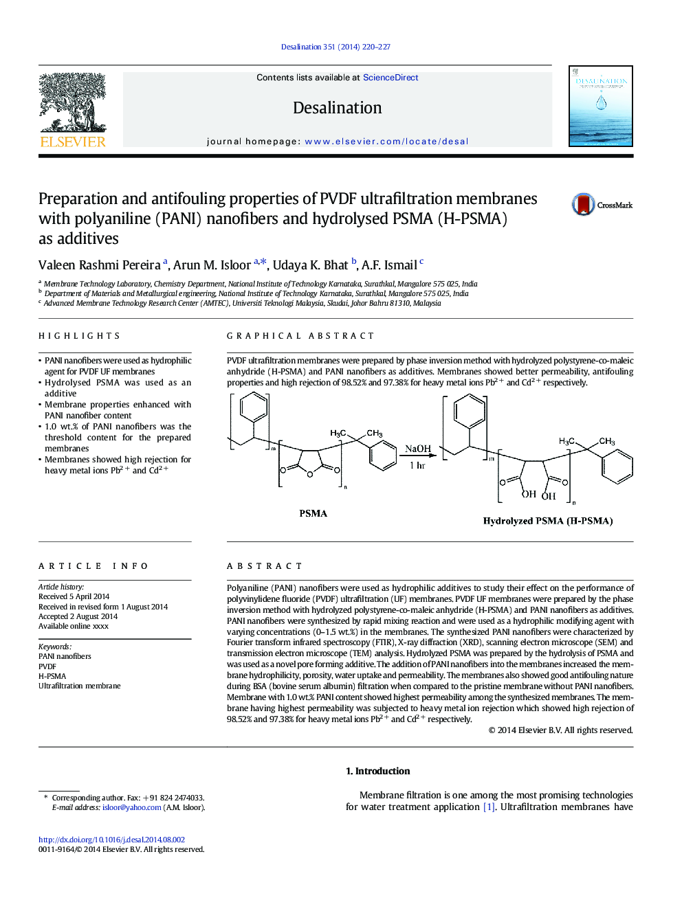 Preparation and antifouling properties of PVDF ultrafiltration membranes with polyaniline (PANI) nanofibers and hydrolysed PSMA (H-PSMA) as additives