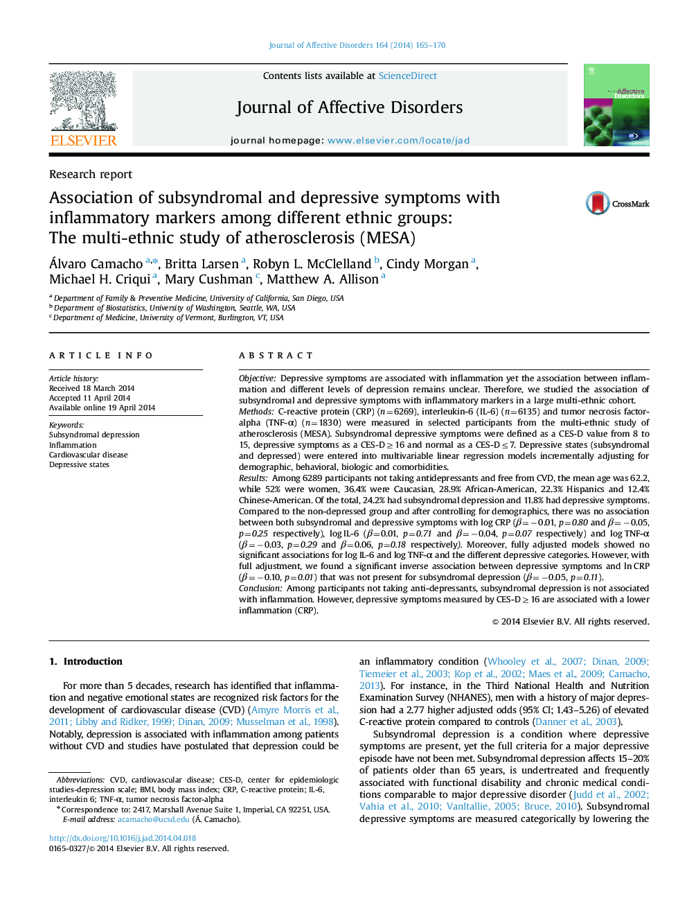 Association of subsyndromal and depressive symptoms with inflammatory markers among different ethnic groups: The multi-ethnic study of atherosclerosis (MESA)