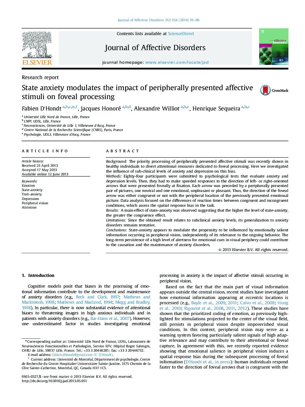 State anxiety modulates the impact of peripherally presented affective stimuli on foveal processing