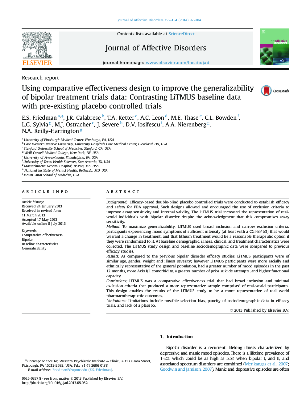 Using comparative effectiveness design to improve the generalizability of bipolar treatment trials data: Contrasting LiTMUS baseline data with pre-existing placebo controlled trials