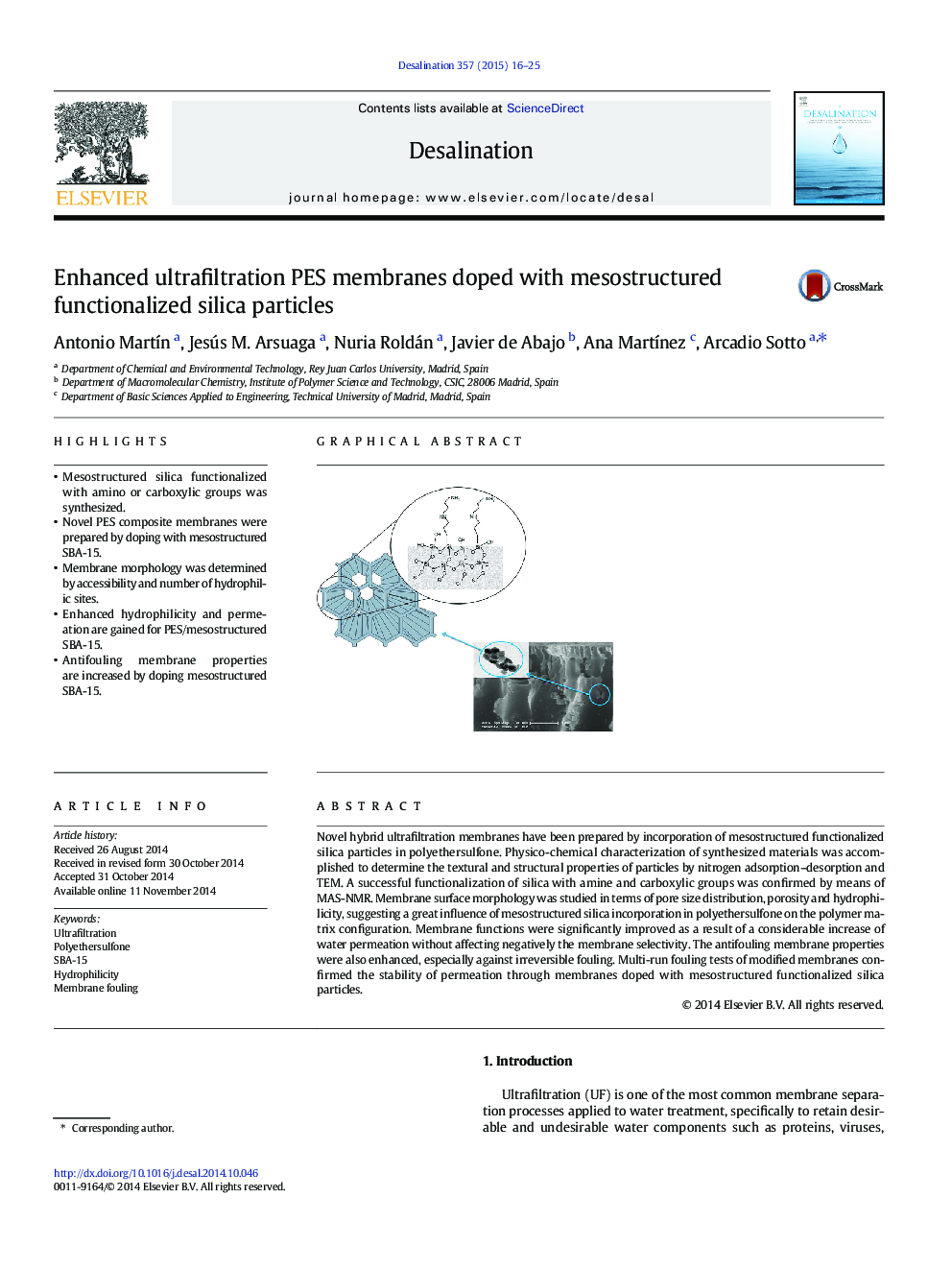 Enhanced ultrafiltration PES membranes doped with mesostructured functionalized silica particles