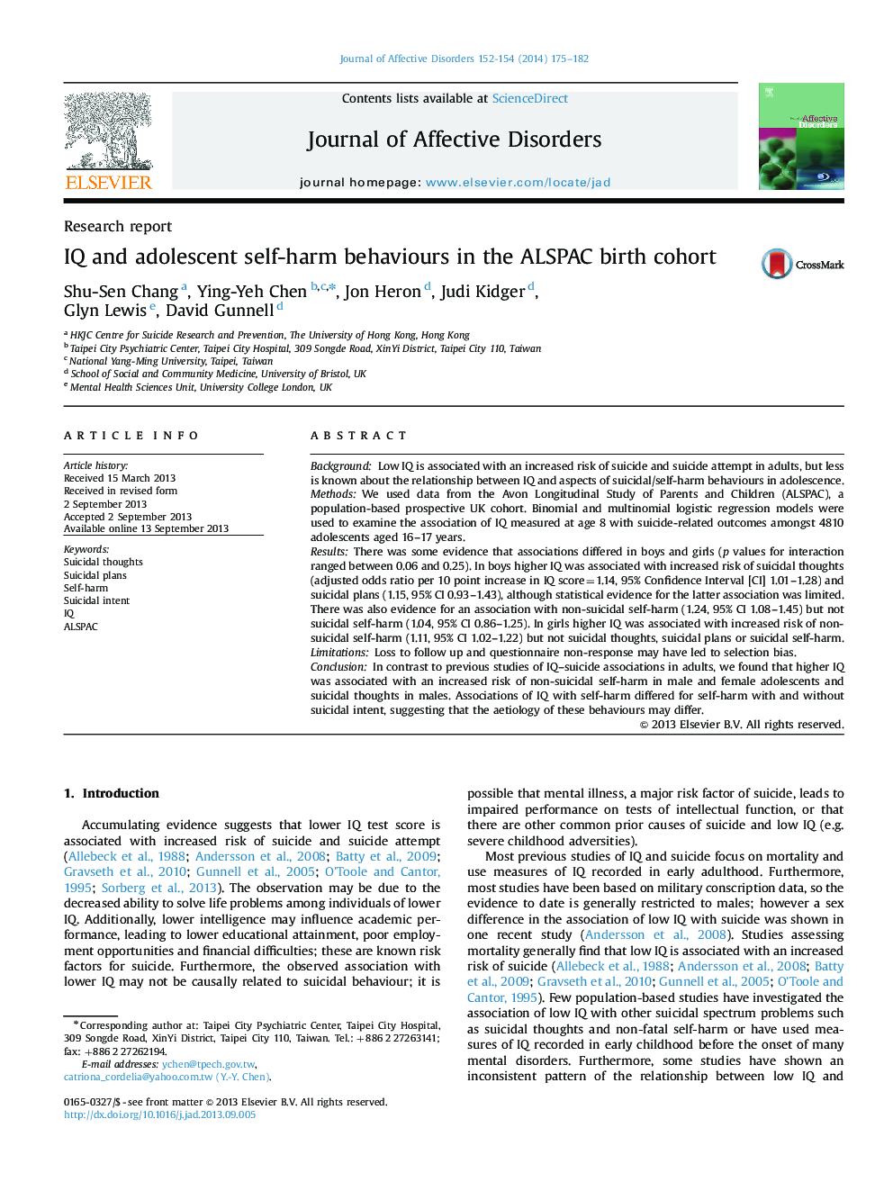 IQ and adolescent self-harm behaviours in the ALSPAC birth cohort