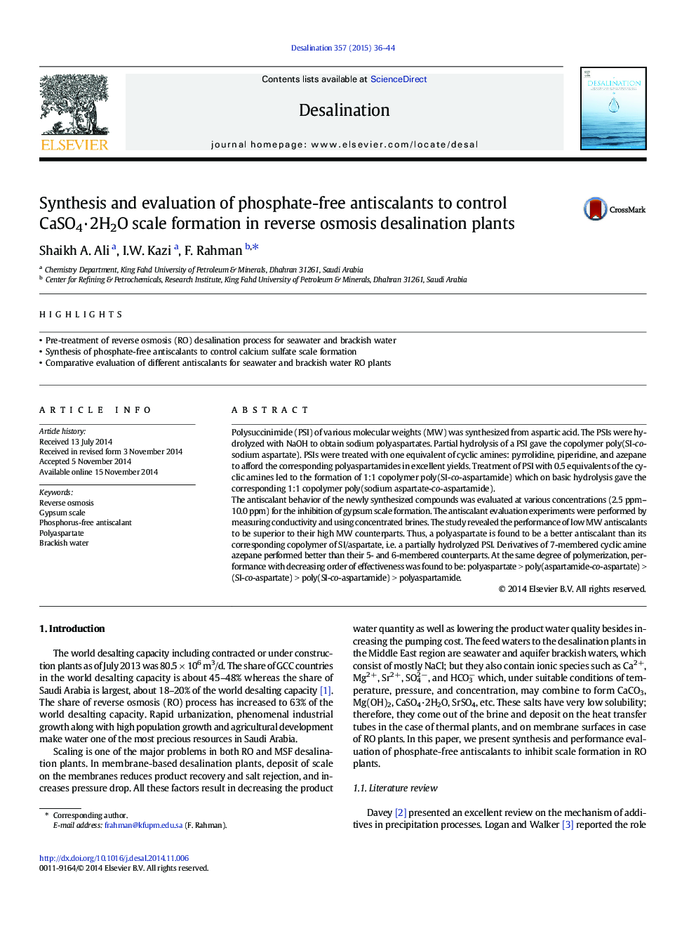 Synthesis and evaluation of phosphate-free antiscalants to control CaSO4Â·2H2O scale formation in reverse osmosis desalination plants