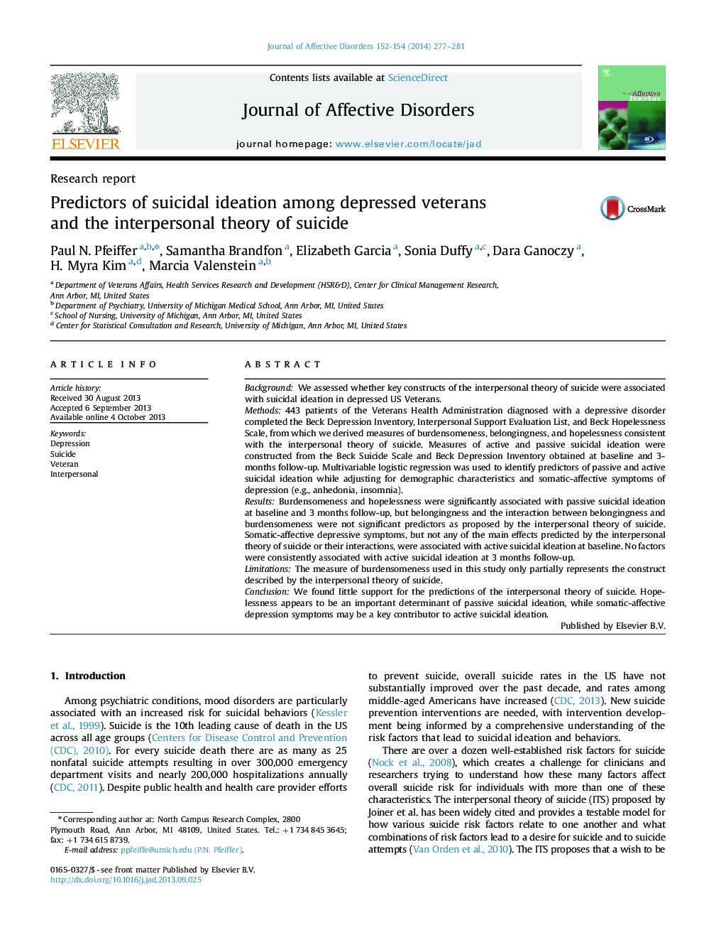 Predictors of suicidal ideation among depressed veterans and the interpersonal theory of suicide