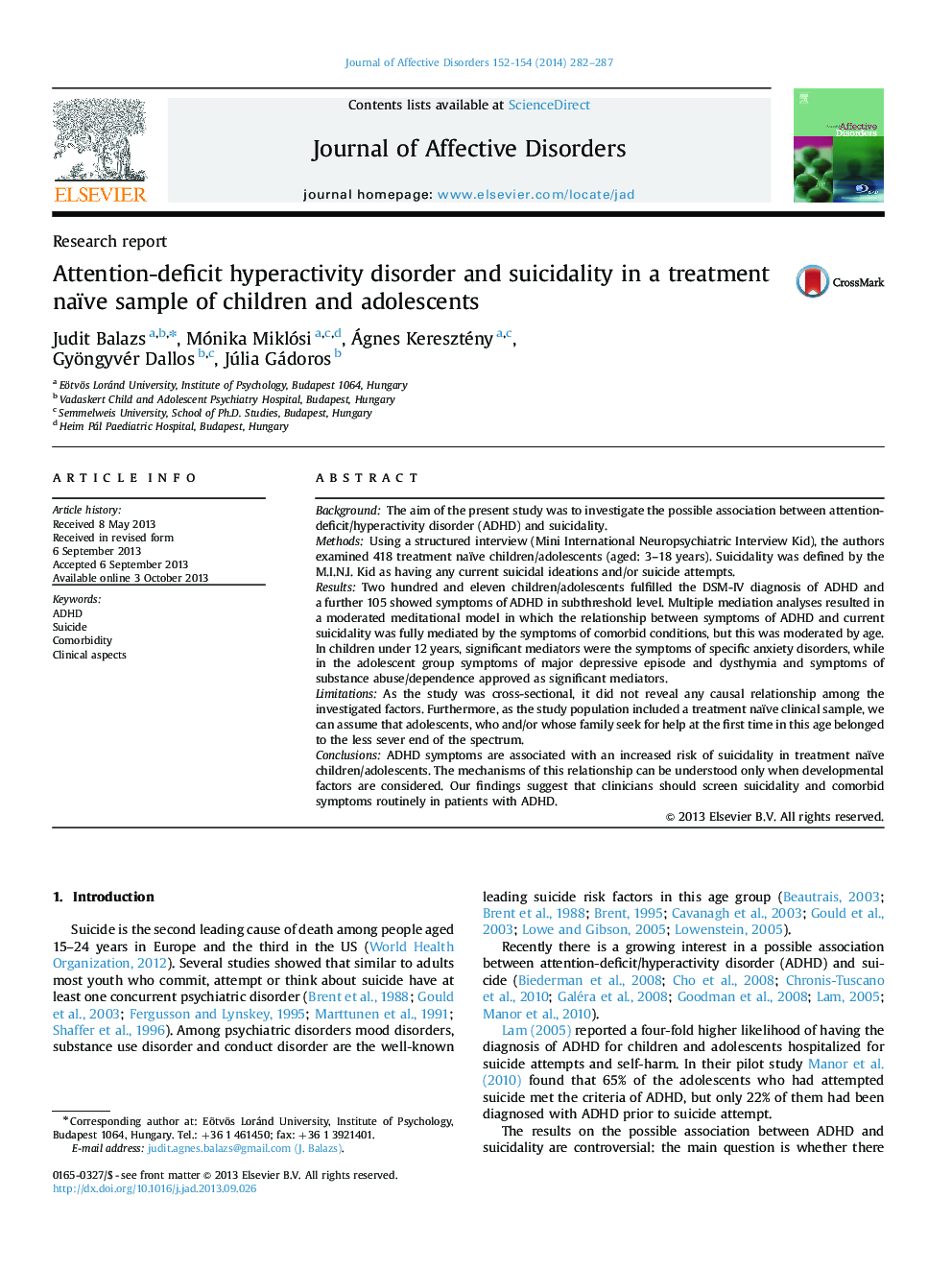 Attention-deficit hyperactivity disorder and suicidality in a treatment naïve sample of children and adolescents