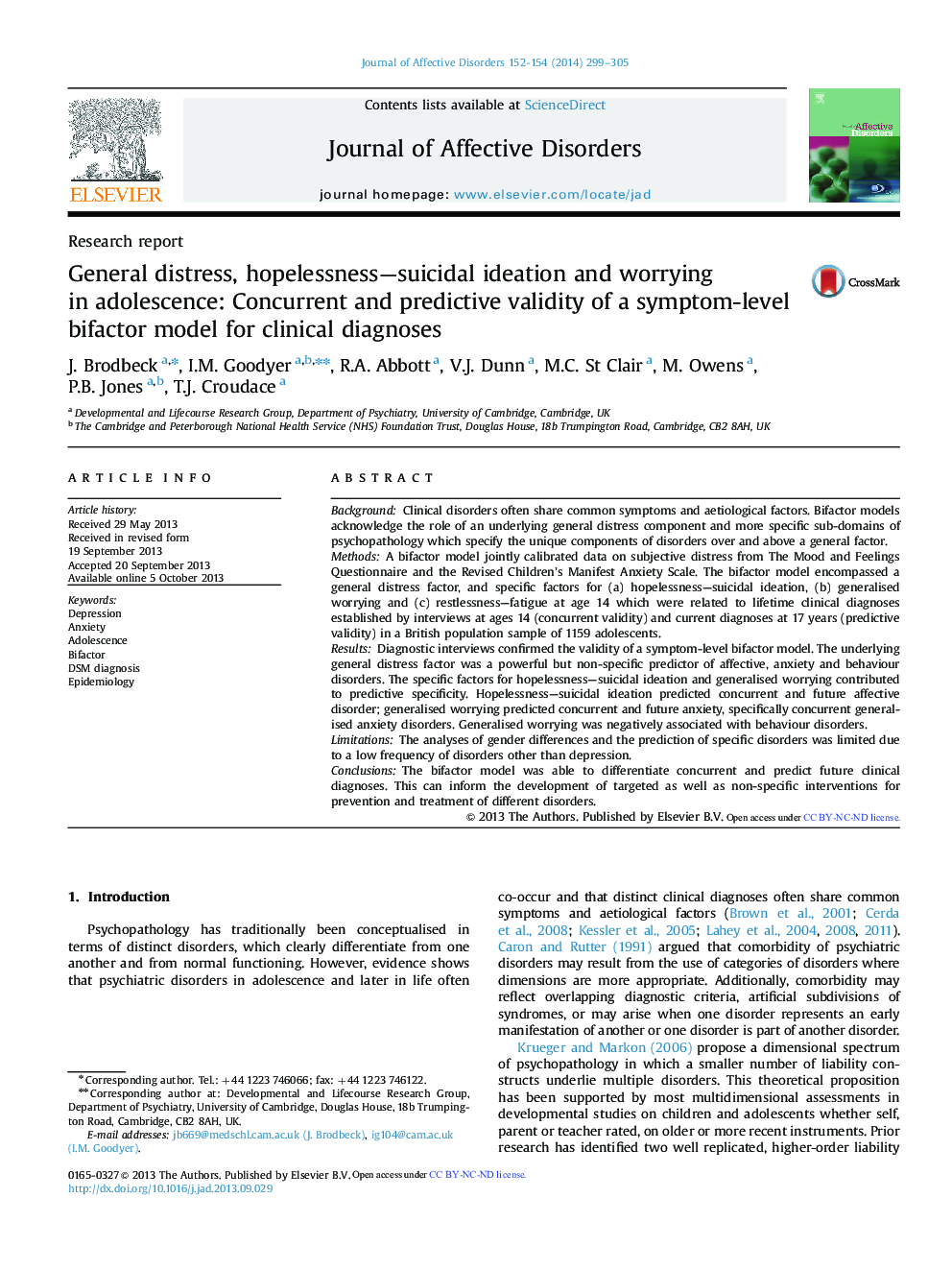 General distress, hopelessness-suicidal ideation and worrying in adolescence: Concurrent and predictive validity of a symptom-level bifactor model for clinical diagnoses