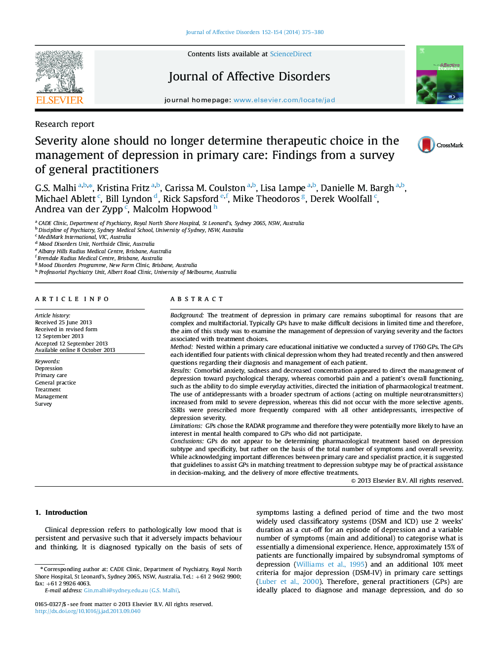 Severity alone should no longer determine therapeutic choice in the management of depression in primary care: Findings from a survey of general practitioners