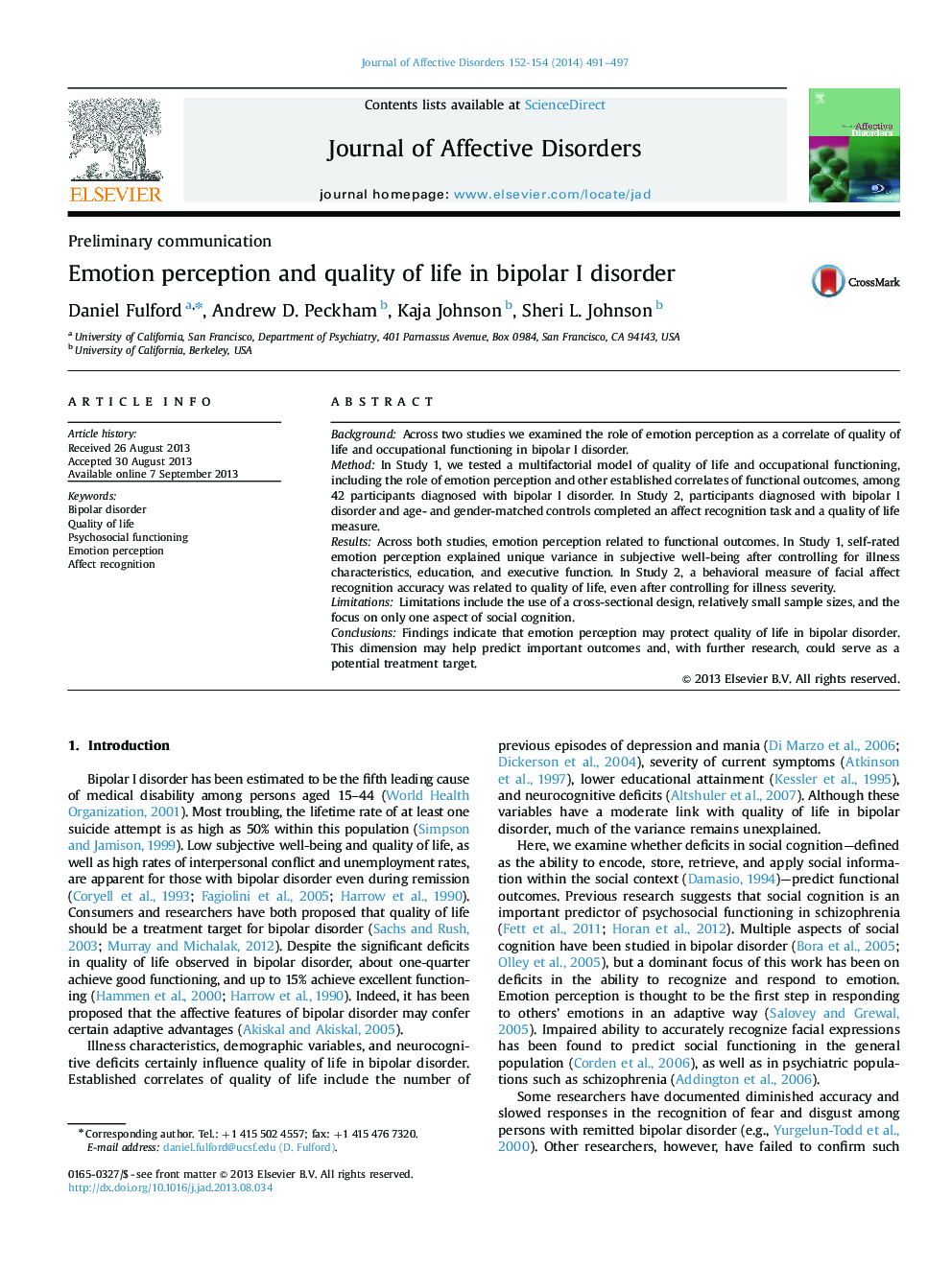 Emotion perception and quality of life in bipolar I disorder