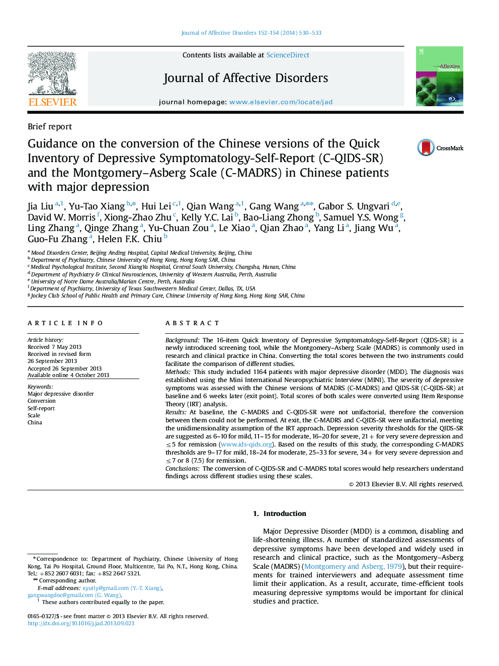 Guidance on the conversion of the Chinese versions of the Quick Inventory of Depressive Symptomatology-Self-Report (C-QIDS-SR) and the Montgomery-Asberg Scale (C-MADRS) in Chinese patients with major depression