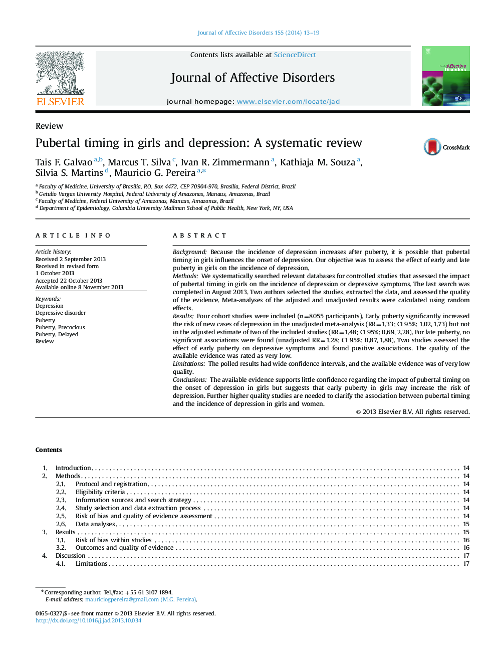 Pubertal timing in girls and depression: A systematic review