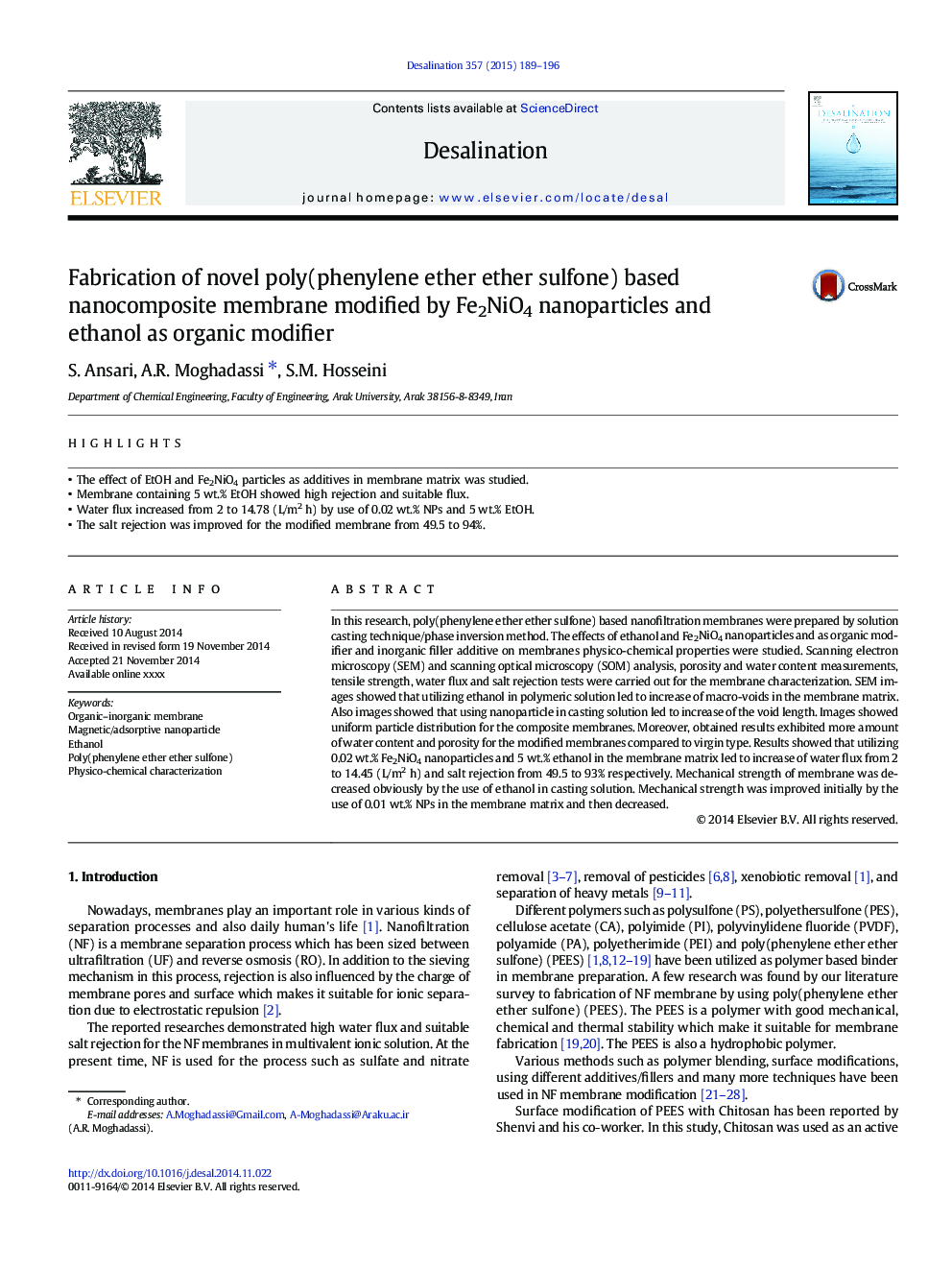 Fabrication of novel poly(phenylene ether ether sulfone) based nanocomposite membrane modified by Fe2NiO4 nanoparticles and ethanol as organic modifier