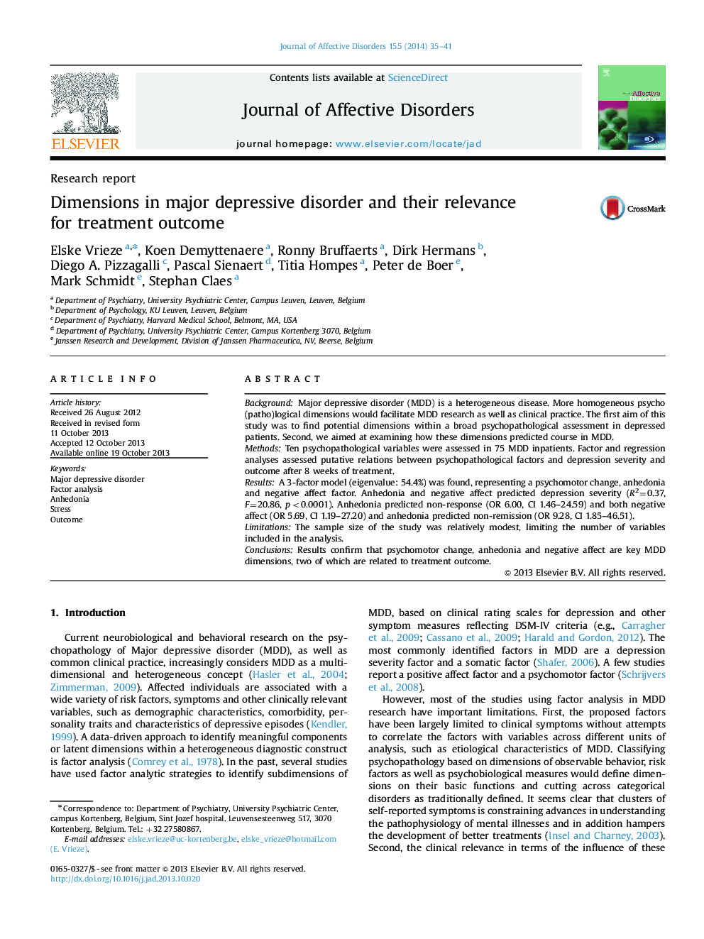 Dimensions in major depressive disorder and their relevance for treatment outcome