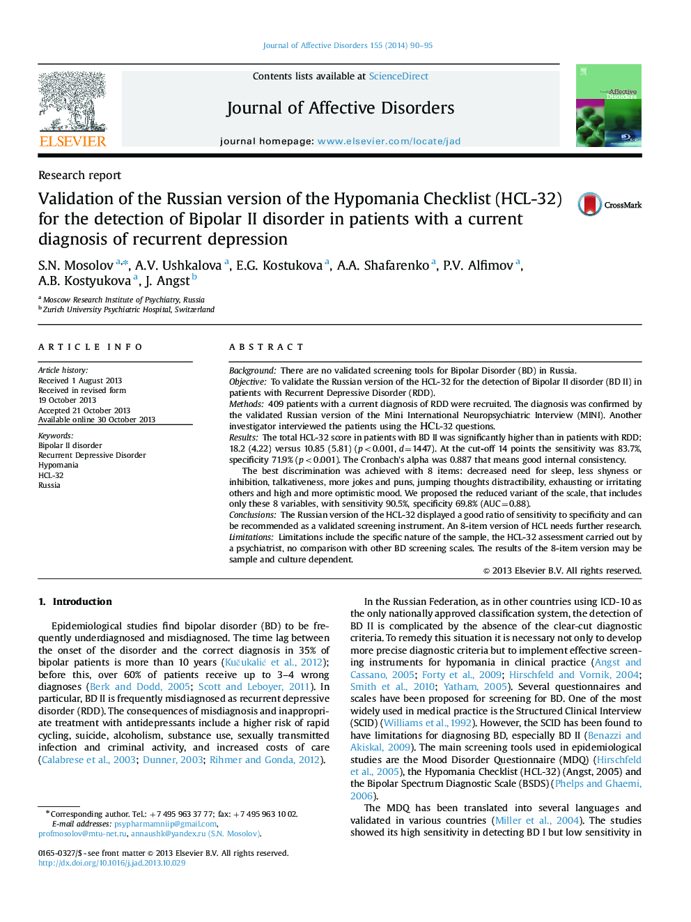 Validation of the Russian version of the Hypomania Checklist (HCL-32) for the detection of Bipolar II disorder in patients with a current diagnosis of recurrent depression