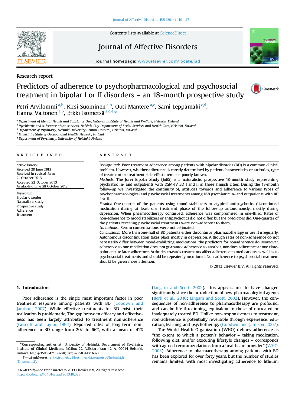 Predictors of adherence to psychopharmacological and psychosocial treatment in bipolar I or II disorders - an 18-month prospective study