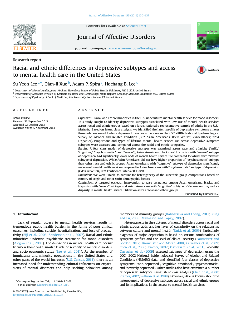 Racial and ethnic differences in depressive subtypes and access to mental health care in the United States