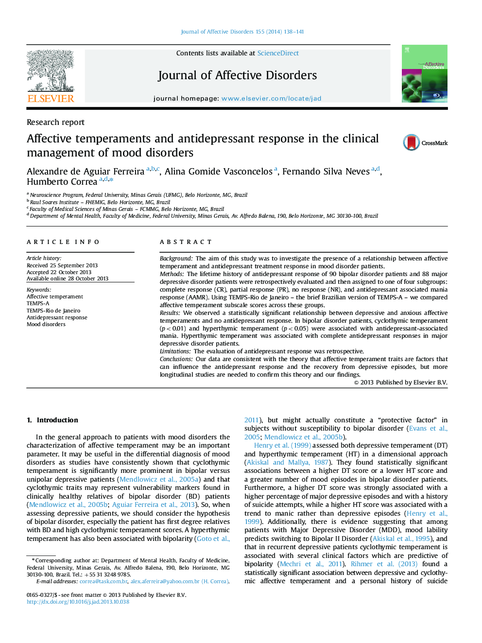 Affective temperaments and antidepressant response in the clinical management of mood disorders
