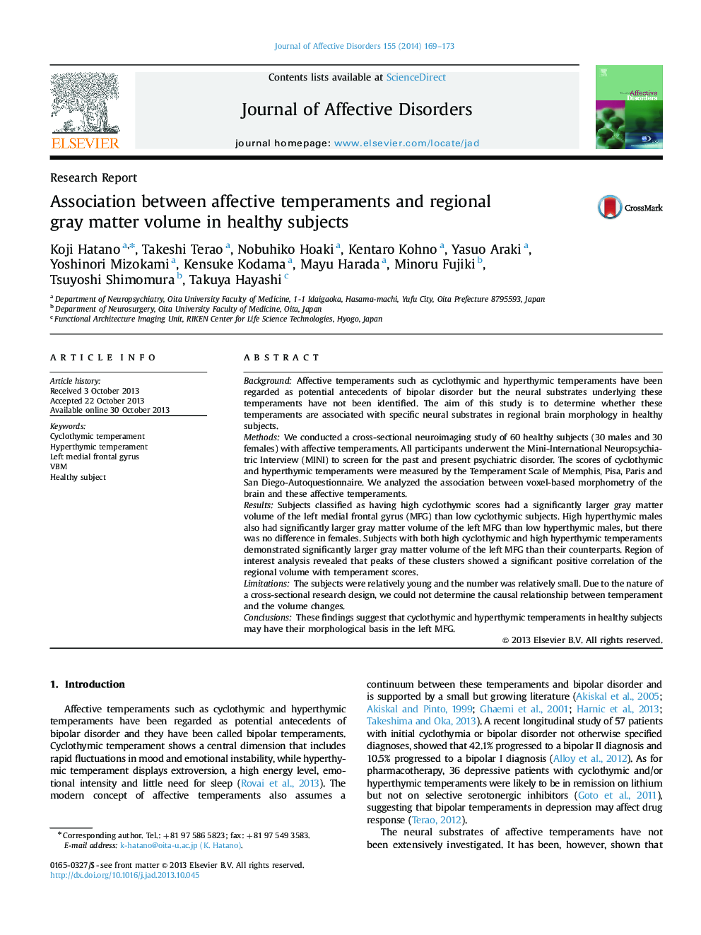 Association between affective temperaments and regional gray matter volume in healthy subjects