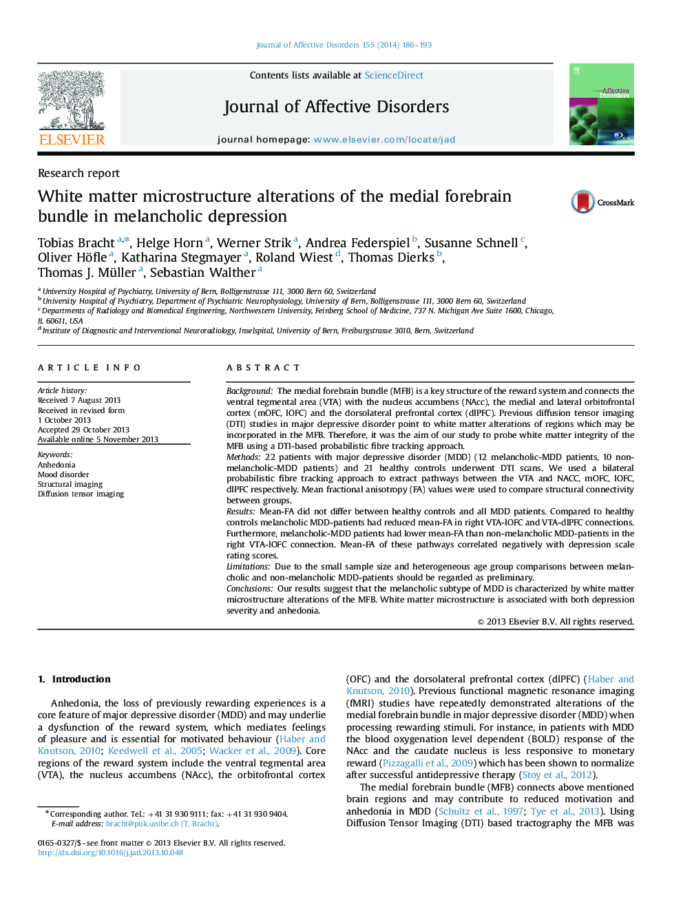 White matter microstructure alterations of the medial forebrain bundle in melancholic depression