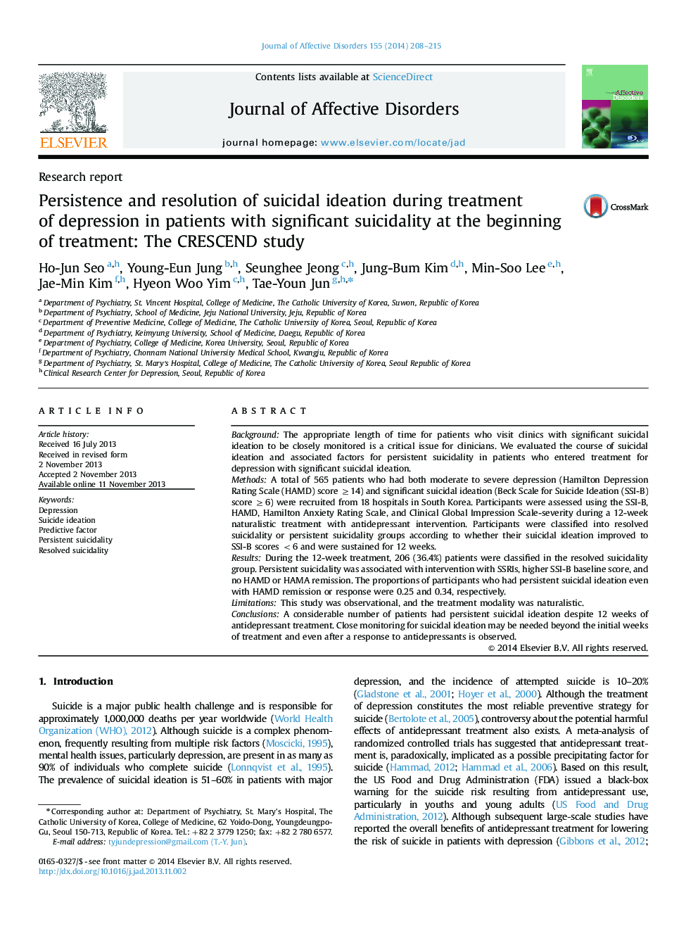 Persistence and resolution of suicidal ideation during treatment of depression in patients with significant suicidality at the beginning of treatment: The CRESCEND study