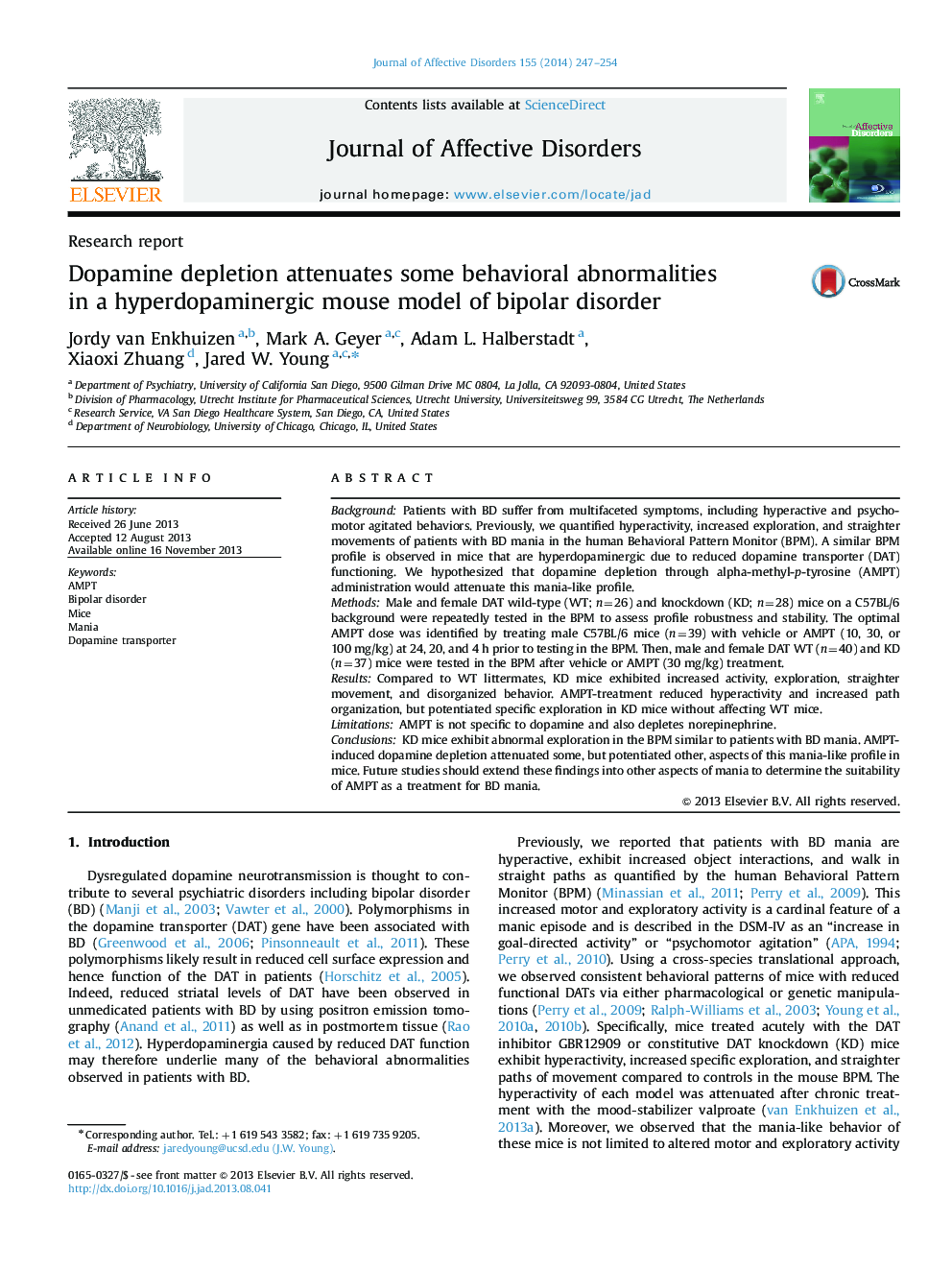 Dopamine depletion attenuates some behavioral abnormalities in a hyperdopaminergic mouse model of bipolar disorder