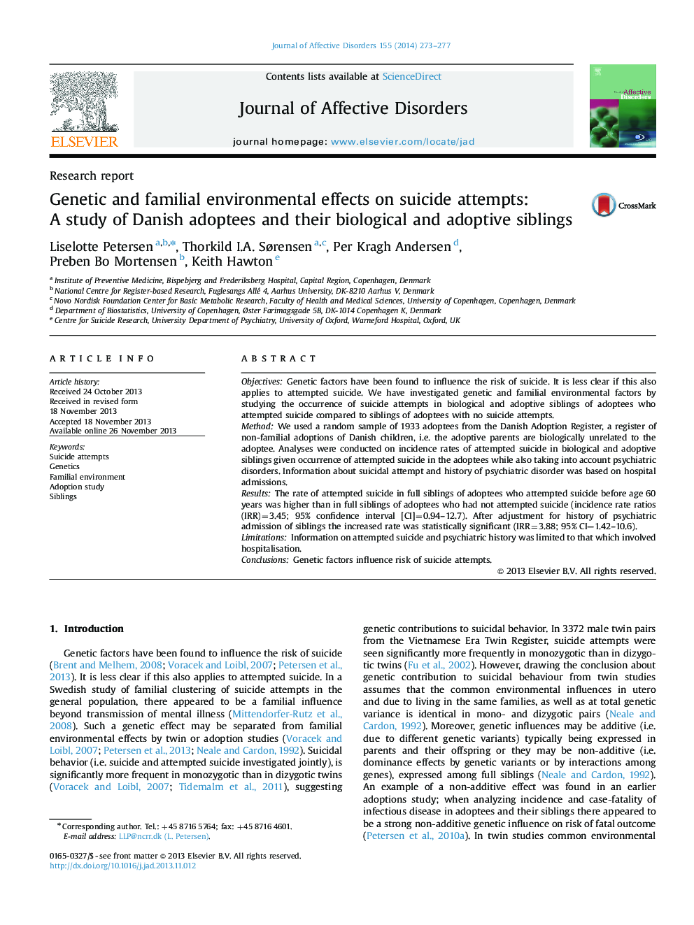 Genetic and familial environmental effects on suicide attempts: A study of Danish adoptees and their biological and adoptive siblings