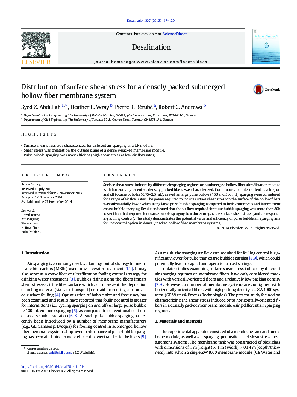 Distribution of surface shear stress for a densely packed submerged hollow fiber membrane system