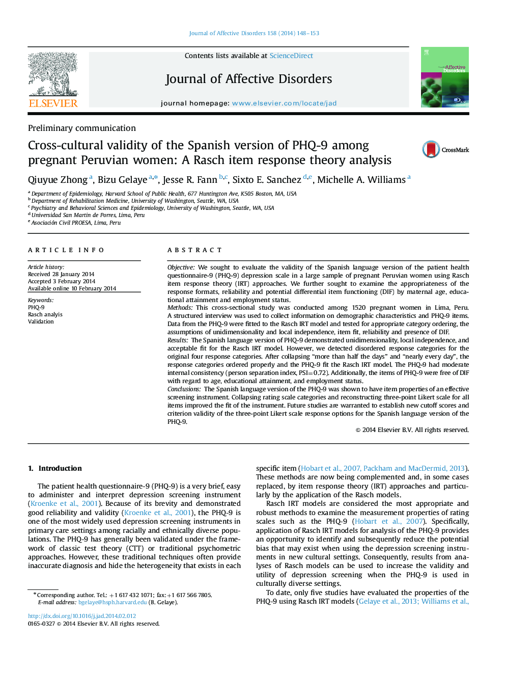 Cross-cultural validity of the Spanish version of PHQ-9 among pregnant Peruvian women: A Rasch item response theory analysis
