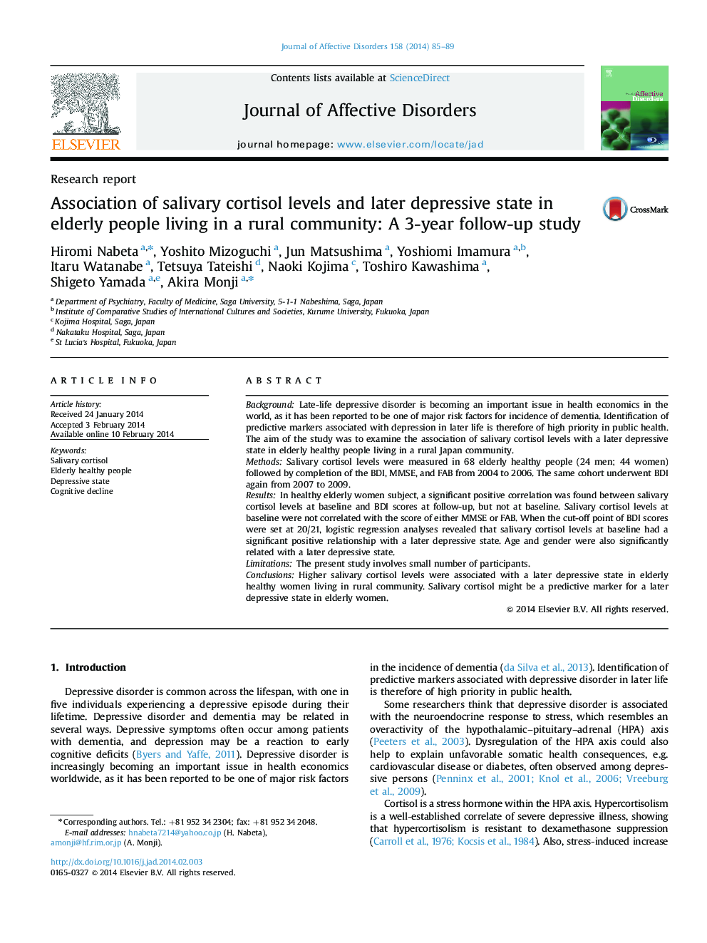 Association of salivary cortisol levels and later depressive state in elderly people living in a rural community: A 3-year follow-up study