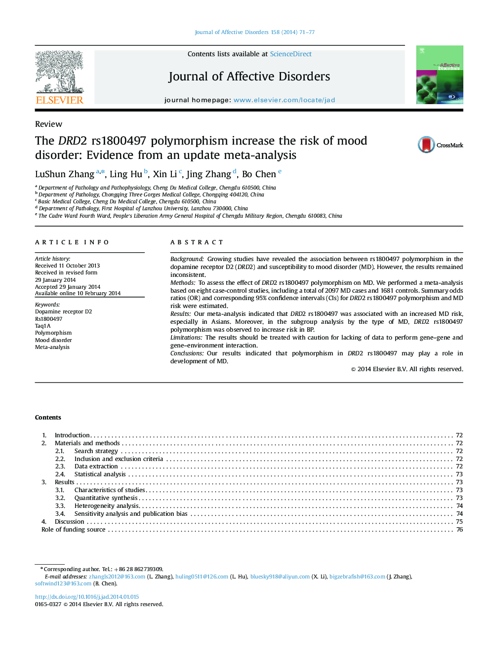 The DRD2 rs1800497 polymorphism increase the risk of mood disorder: Evidence from an update meta-analysis