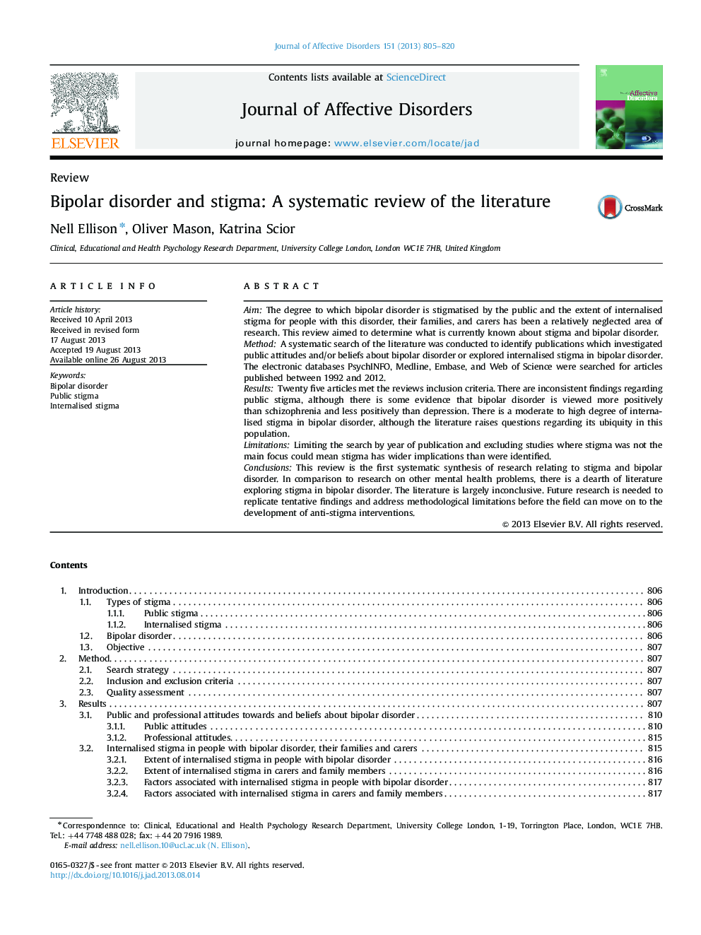 Bipolar disorder and stigma: A systematic review of the literature