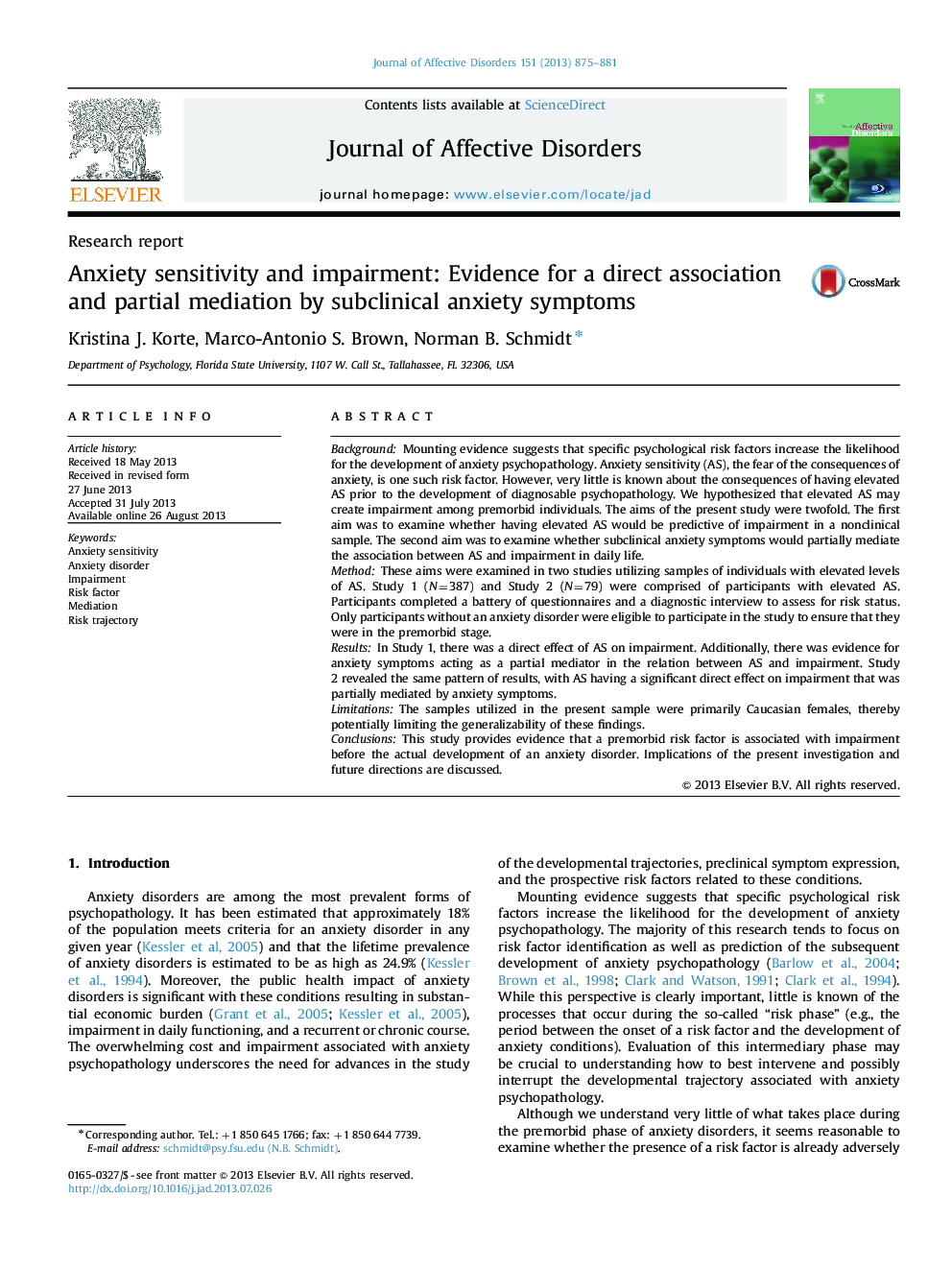 Anxiety sensitivity and impairment: Evidence for a direct association and partial mediation by subclinical anxiety symptoms