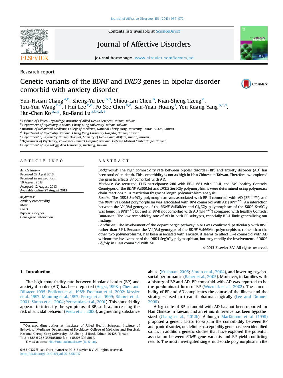 Genetic variants of the BDNF and DRD3 genes in bipolar disorder comorbid with anxiety disorder