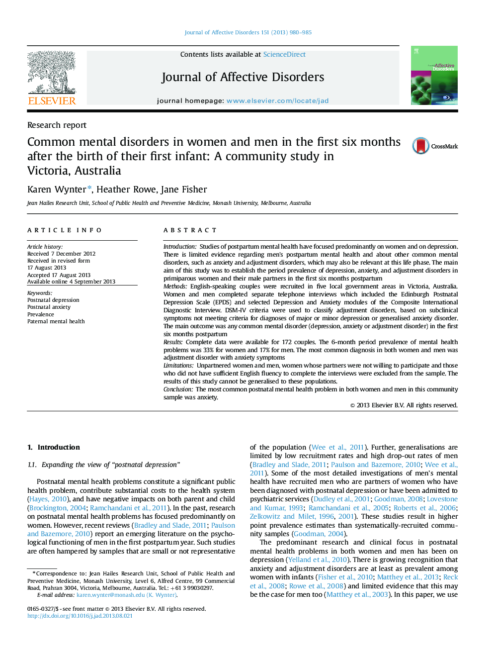 Common mental disorders in women and men in the first six months after the birth of their first infant: A community study in Victoria, Australia