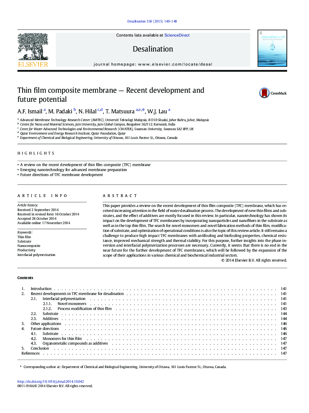 Thin film composite membrane — Recent development and future potential