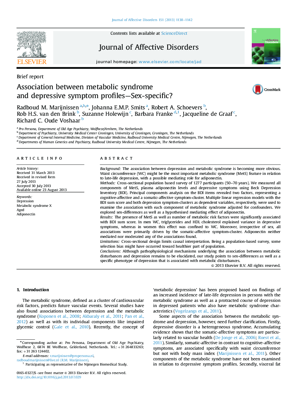 Association between metabolic syndrome and depressive symptom profiles-Sex-specific?