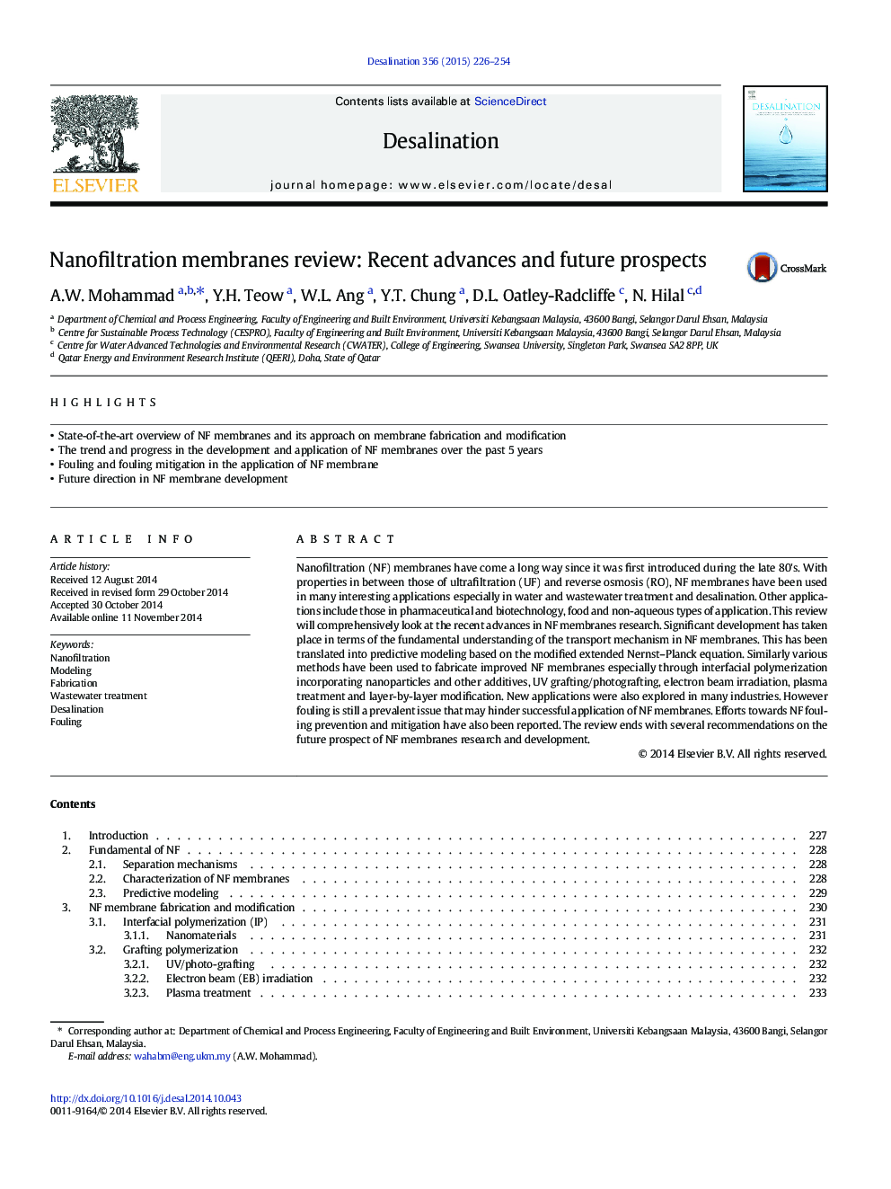 Nanofiltration membranes review: Recent advances and future prospects