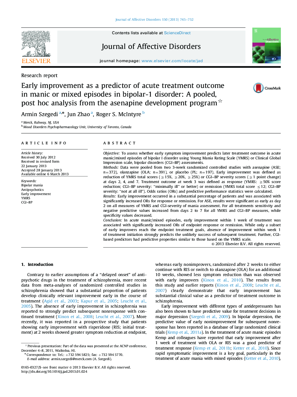 Early improvement as a predictor of acute treatment outcome in manic or mixed episodes in bipolar-1 disorder: A pooled, post hoc analysis from the asenapine development program