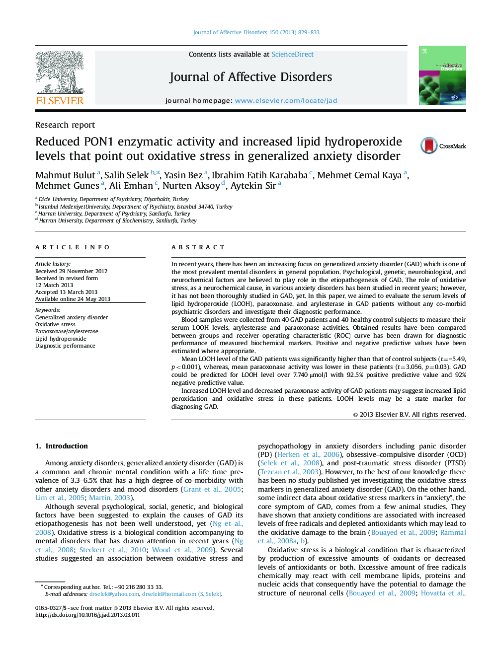 Reduced PON1 enzymatic activity and increased lipid hydroperoxide levels that point out oxidative stress in generalized anxiety disorder