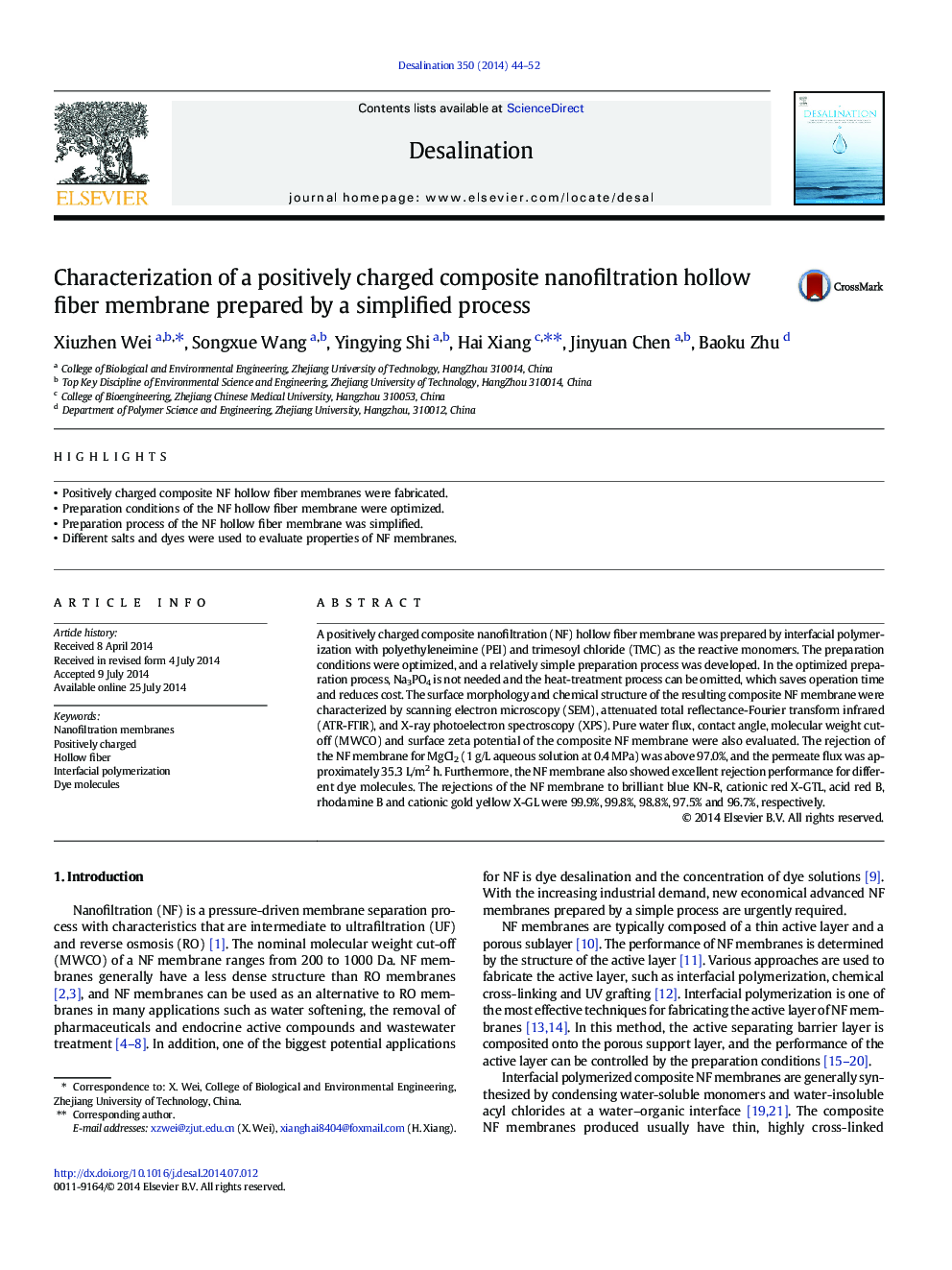 Characterization of a positively charged composite nanofiltration hollow fiber membrane prepared by a simplified process