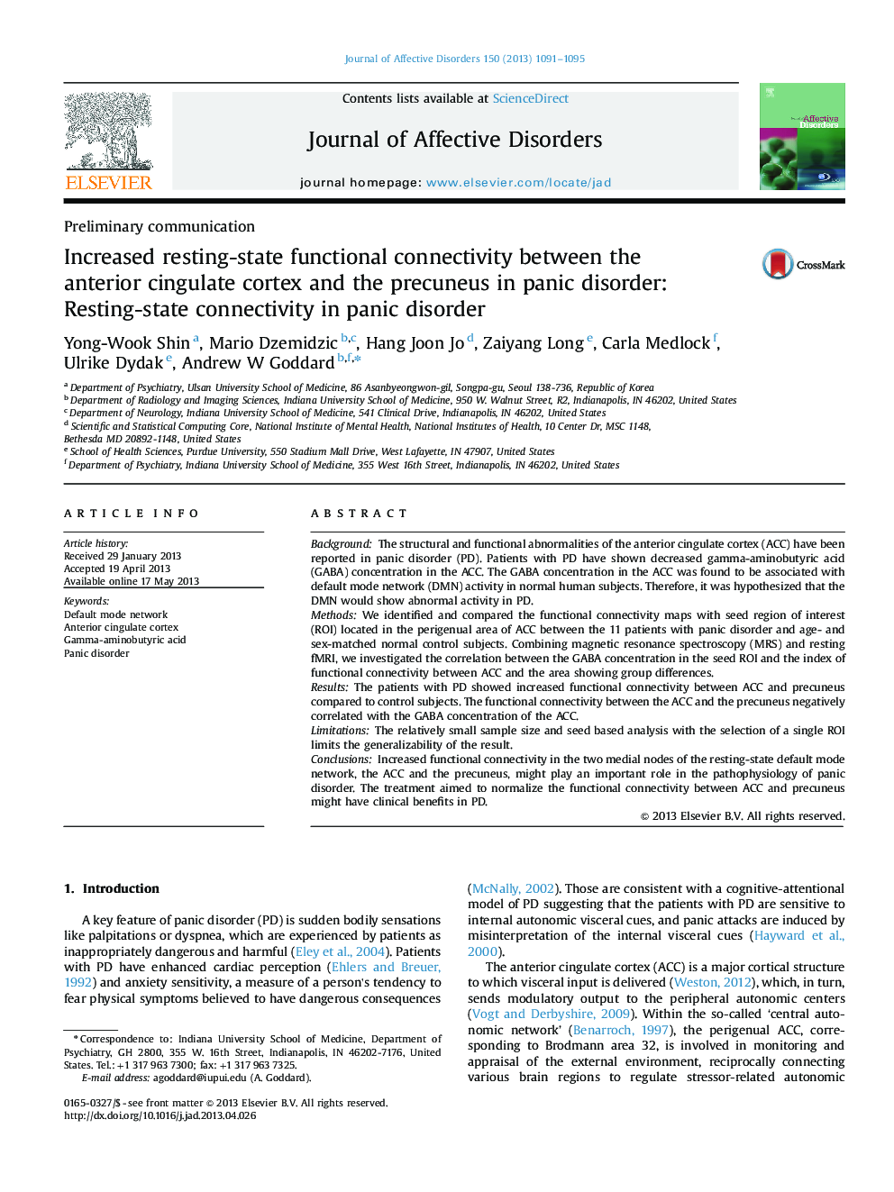 Increased resting-state functional connectivity between the anterior cingulate cortex and the precuneus in panic disorder:: Resting-state connectivity in panic disorder
