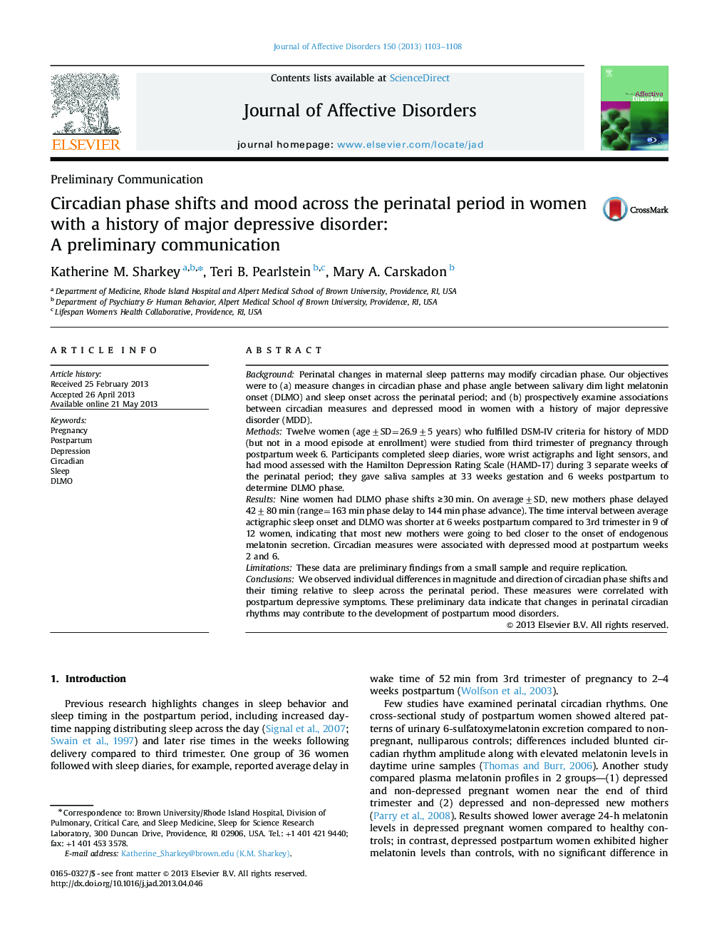 Circadian phase shifts and mood across the perinatal period in women with a history of major depressive disorder: A preliminary communication