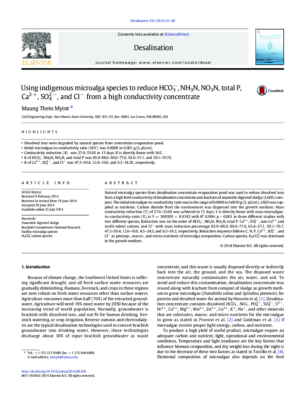 Using indigenous microalga species to reduce HCO3−, NH3N, NO3N, total P, Ca2 +, SO42 −, and Cl− from a high conductivity concentrate